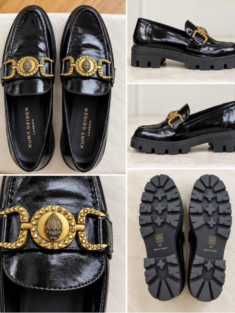 Kurt Geiger Black Patent Loafers with Gold Buckle Detail